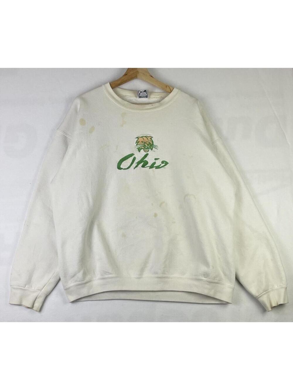 Vintage STAINED Ohio Bobcats Sweatshirt Pluma Heavyweight White Green Sz XL